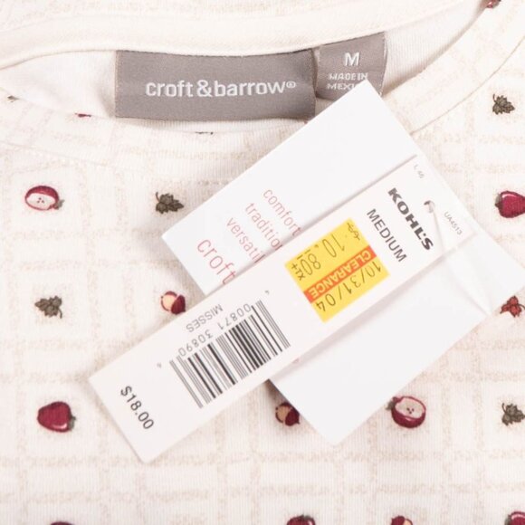 Croft & Barrow Y2K Apple TShirt M Womens New Long Sleeve Cream Fall Teacher - Picture 6 of 6